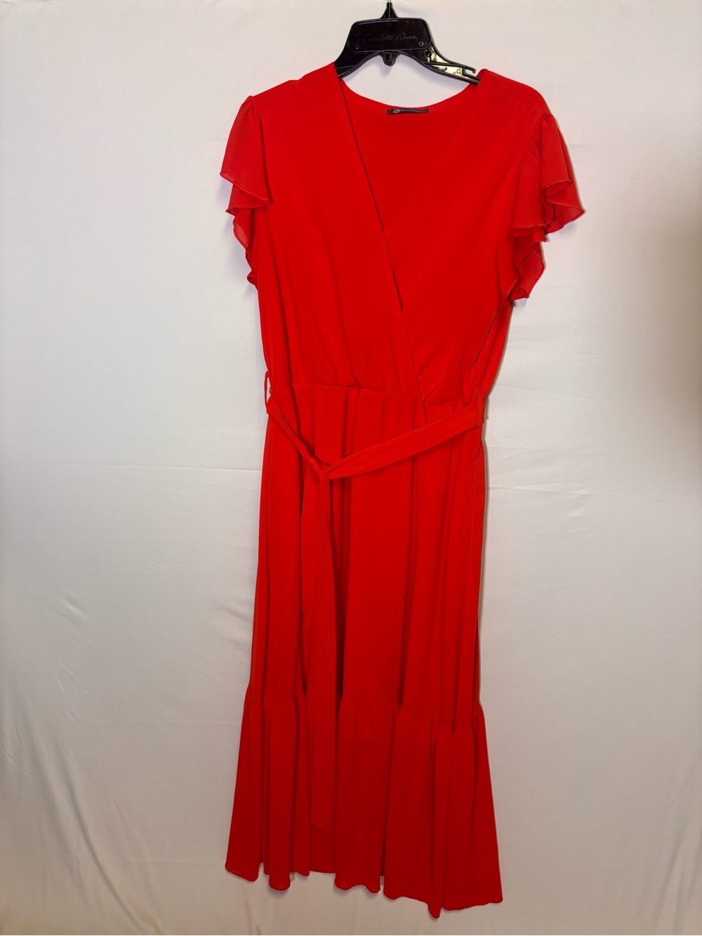 Flattering Red Maxi Dress with Waist Tie and Flutter Sleeves